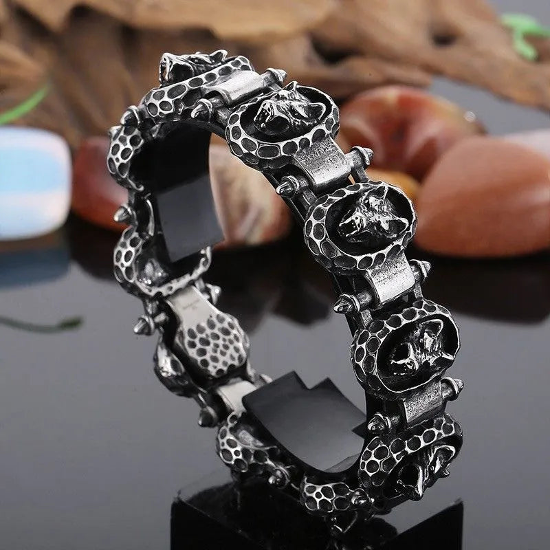 Vintage Hammered Wolf Head Sterling Silver Bracelet