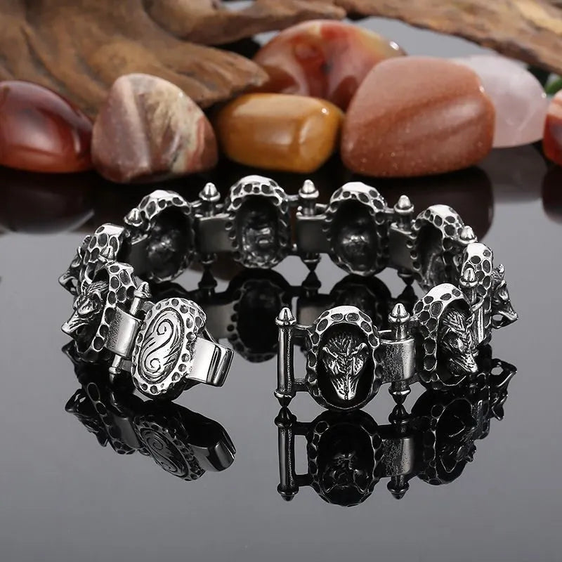 Vintage Hammered Wolf Head Sterling Silver Bracelet