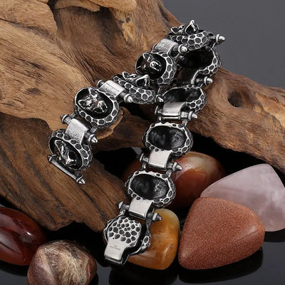 Vintage Hammered Wolf Head Sterling Silver Bracelet