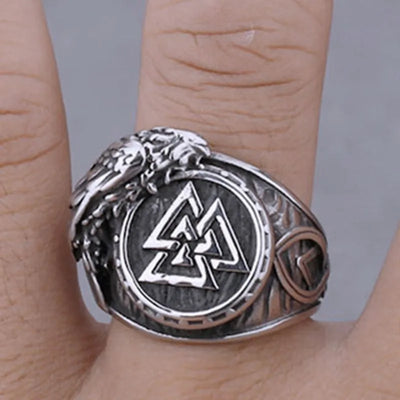 Vintage Viking Raven Valknut   Sterling Silver Ring