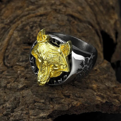 Vintage  Viking Rune Wolf Head Compass Ring