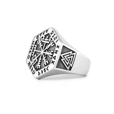 Nordic Viking Compass Rune Hexagon Ring
