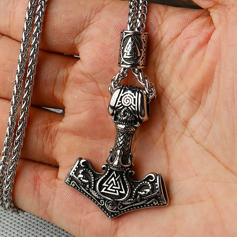 Viking Thor‘s Hammer Engraved Valknut  Sterling Silver Pendant Necklace