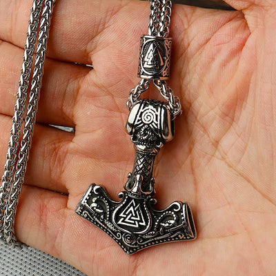 Viking Thor‘s Hammer Engraved Valknut  Sterling Silver Pendant Necklace
