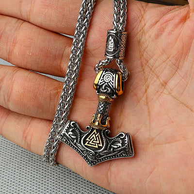 Viking Thor‘s Hammer Engraved Valknut  Sterling Silver Pendant Necklace