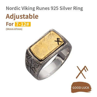 Handmade 925 Sterling Silver Viking Rune with Thor Hammer Ring - Gothic Lolita