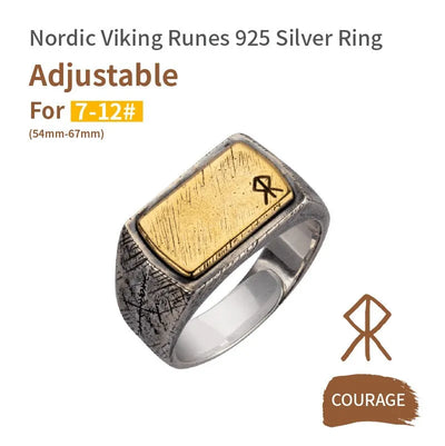 Handmade 925 Sterling Silver Viking Rune with Thor Hammer Ring - Gothic Lolita