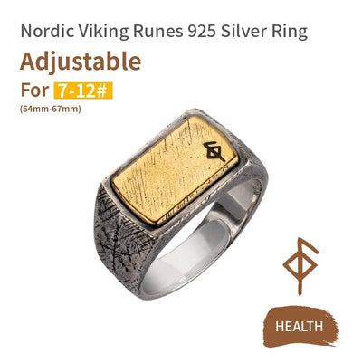 Handmade 925 Sterling Silver Viking Rune with Thor Hammer Ring - Gothic Lolita