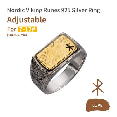 Handmade 925 Sterling Silver Viking Rune with Thor Hammer Ring - Gothic Lolita