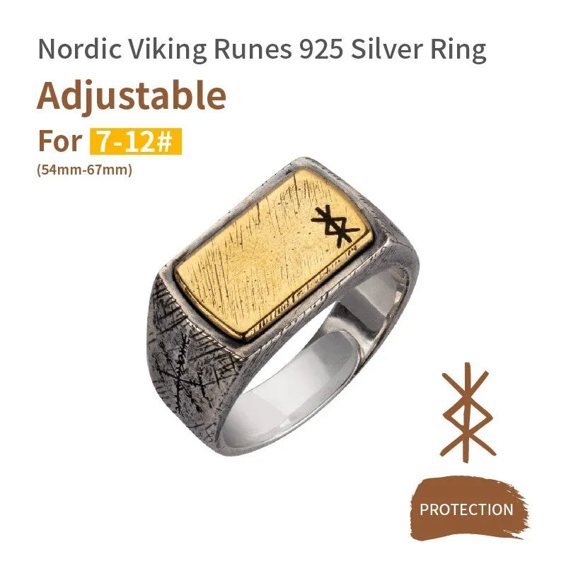 Handmade 925 Sterling Silver Viking Rune with Thor Hammer Ring - Gothic Lolita