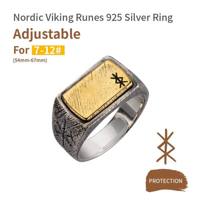 Handmade 925 Sterling Silver Viking Rune with Thor Hammer Ring - Gothic Lolita