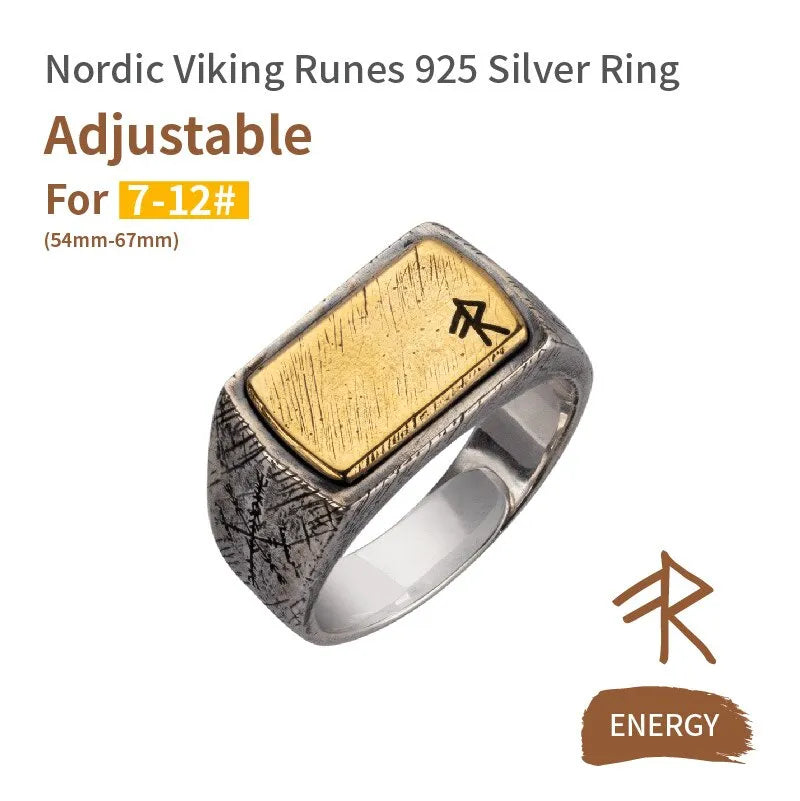 Handmade 925 Sterling Silver Viking Rune with Thor Hammer Ring - Gothic Lolita