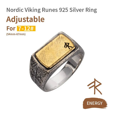 Handmade 925 Sterling Silver Viking Rune with Thor Hammer Ring - Gothic Lolita