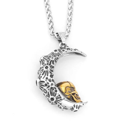 Gothic Crescent with Gold Skull Pendant Necklace