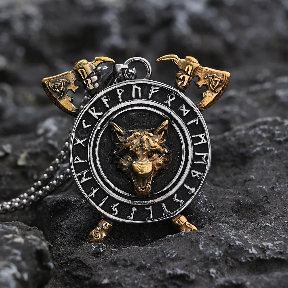 Viking Wolf Rune Tomahawk Pendant Necklace
