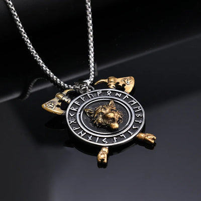 Viking Wolf Rune Tomahawk Pendant Necklace