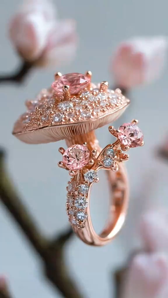 Charming Mushroom - inspired Rose Gold Ring with Pink Gemstones