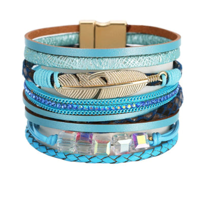 Square Crystal Bead String Leather Bracelet