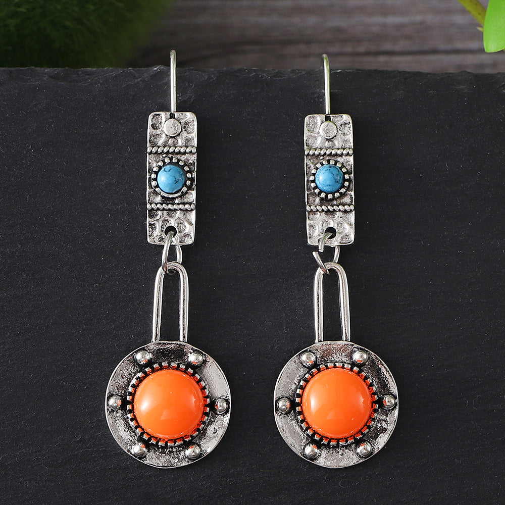 Vintage Round Shape Hammer Pattern Turquoise Inlaid Dangle Earrings
