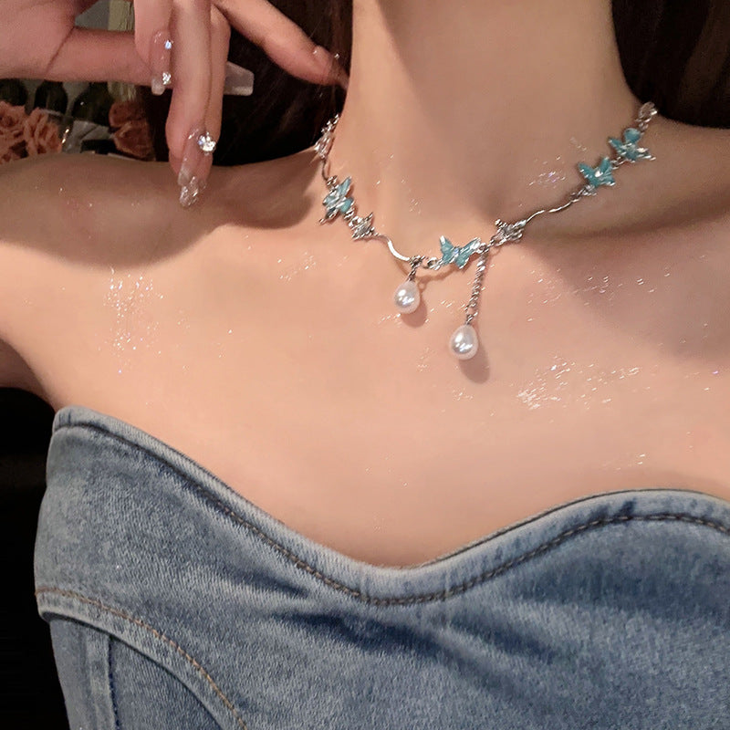 Blue Butterfly Pearl Necklace