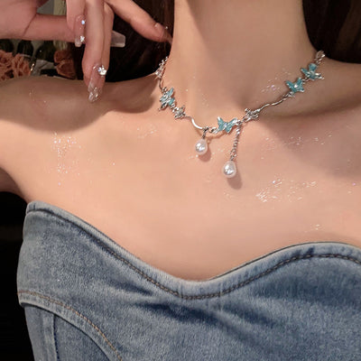 Blue Butterfly Pearl Necklace