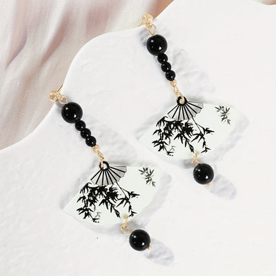 Retro Chinese Style Long Silvery Needle Ink Painting Fan Shaped Resin Earrings