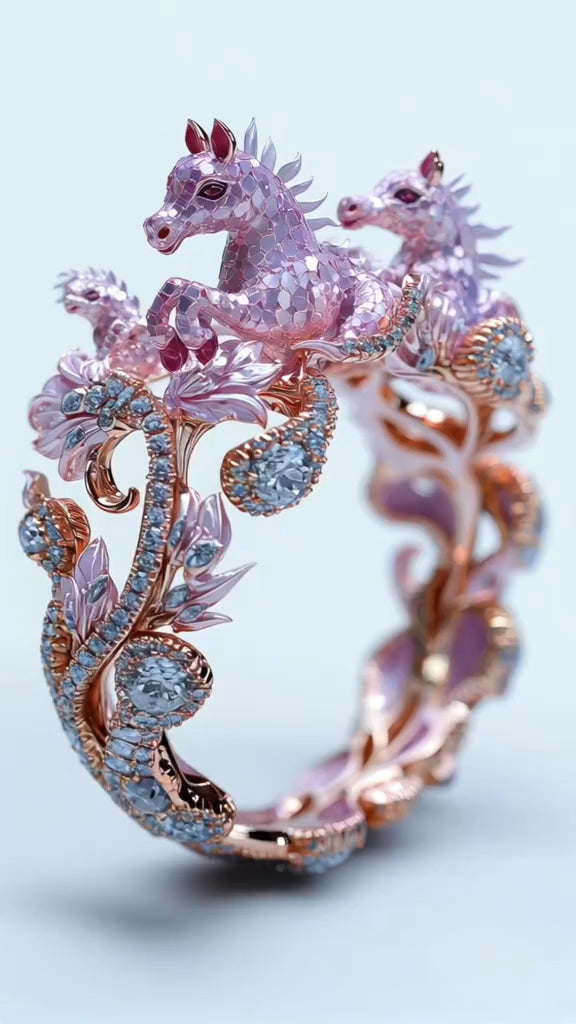 Exquisite Rose - Gold Horse - themed Ring with Gemstone Embellishments