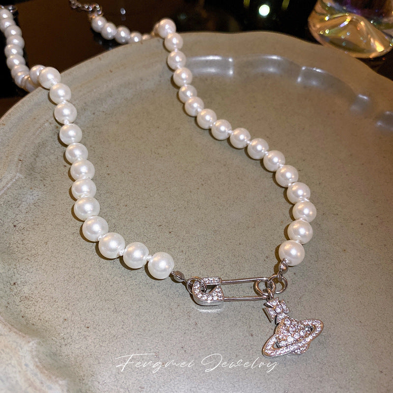 Zircon Saturn Pin Pearl Necklace
