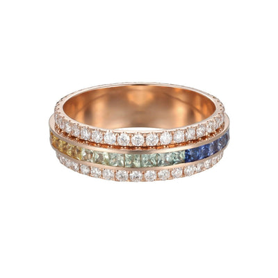 Handmade Classic Rainbow Turnable Ring in 14K Gold with Colored Zirconia