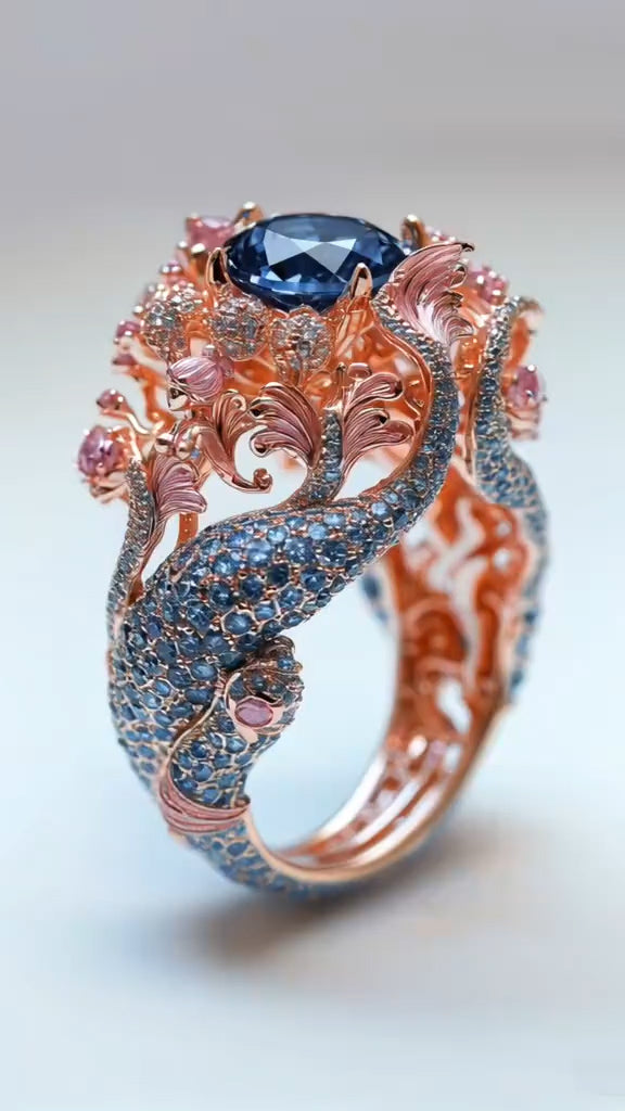 Exquisite Mermaid - Themed 14K Rose Gold Ring with Stunning Blue Sapphire