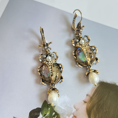 Vintage Freshwater Pearl Insect Dangle Earrings