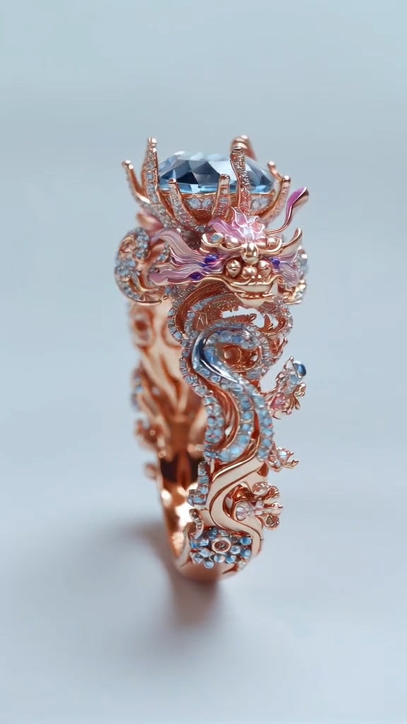 Exquisite Rose - Gold Dragon - themed Ring Embellished with Blue Gemstone and Diamonds
