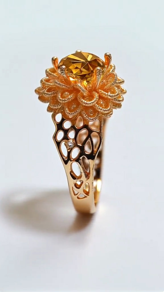 Luxurious Golden Ring with Citrine Centerpiece and Intricate Floral Design