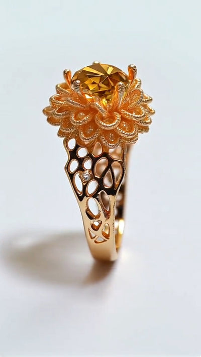 Luxurious Golden Ring with Citrine Centerpiece and Intricate Floral Design