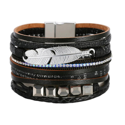 Square Crystal Bead String Leather Bracelet