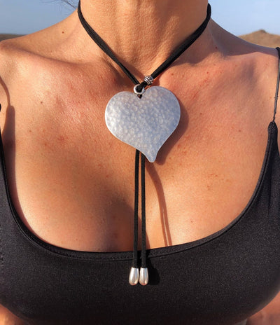 Vintage Bohemian Chic Lariat Necklace with Silver Heart Pendant and Leather Cord