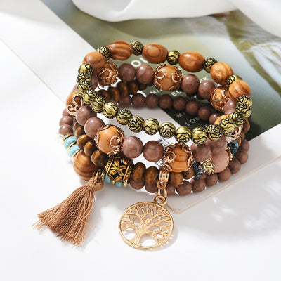 Wooden Handmade Life Tree Beaded Tassel Multi-layer Bracelet