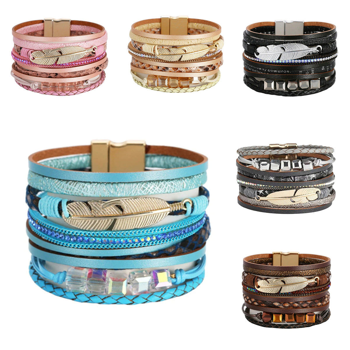 Square Crystal Bead String Leather Bracelet