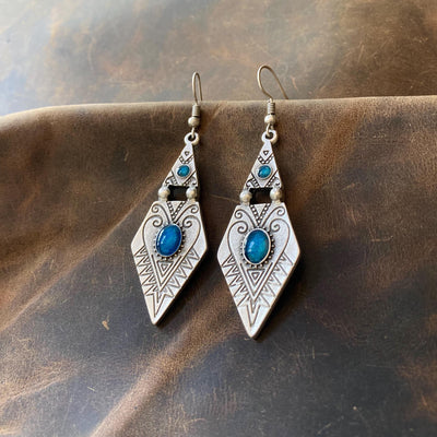 Vintage Boho Silver Dangle Earrings with Blue Enamel, Tribal Arrowhead Shape with Engraved Patterns