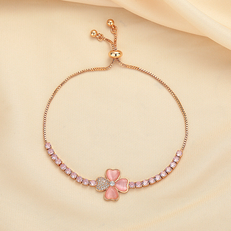 Cat's Eye Stone Clover Pink Diamond Bracelet