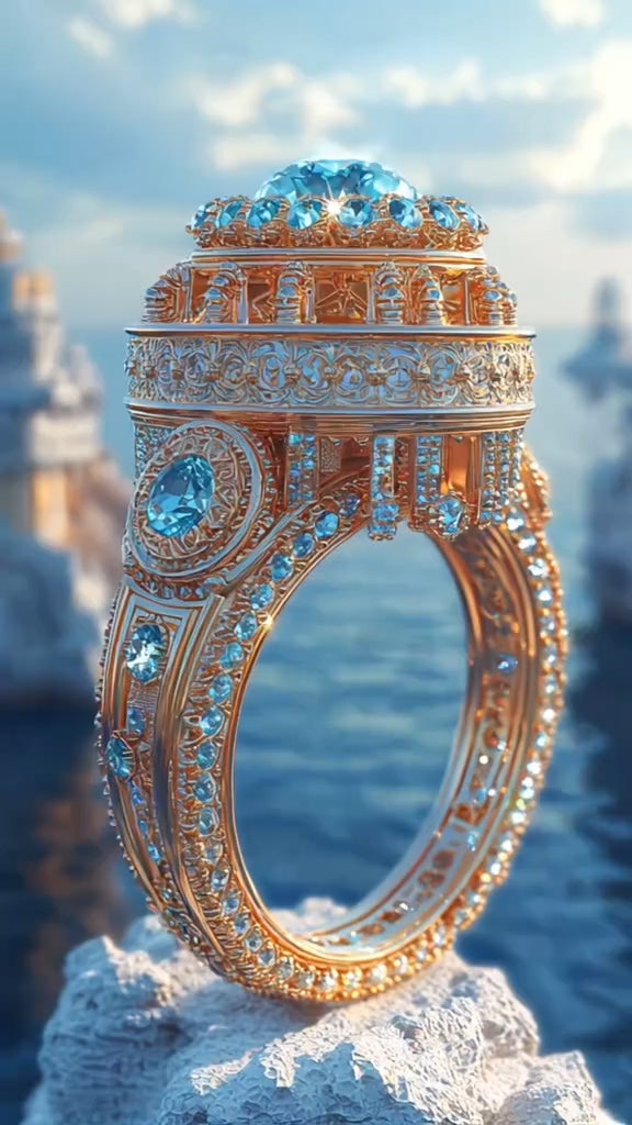Magnificent Gold - Plated Ring with Elaborate Blue Gemstone Inlay, Inspired by Architectural