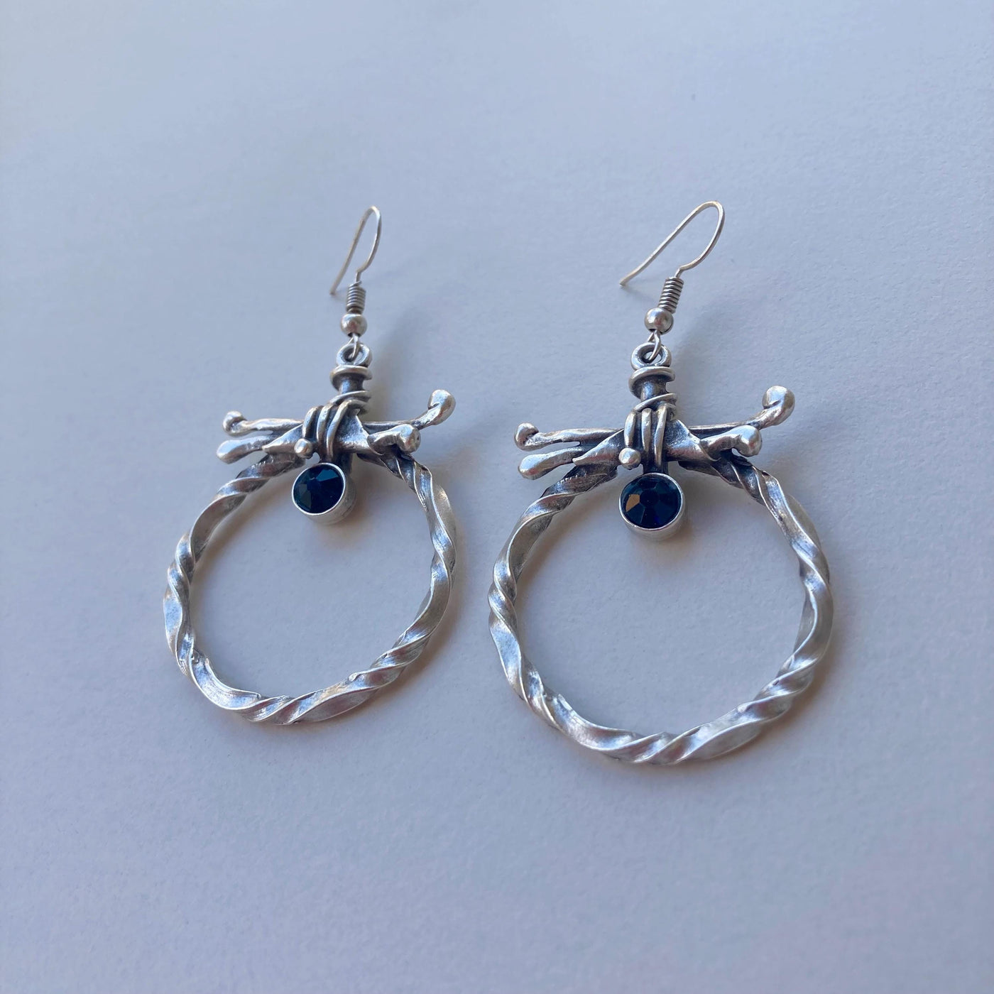 Vintage Boho Gothic Silver Twisted Hoop Statement Earrings with Dark Green Zircon