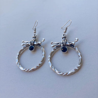 Vintage Boho Gothic Silver Twisted Hoop Statement Earrings with Dark Green Zircon