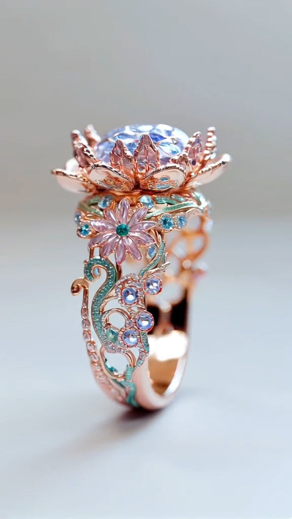 Enchanting Rose - Gold Lotus - Inspired Ring with Multicolored Gemstones