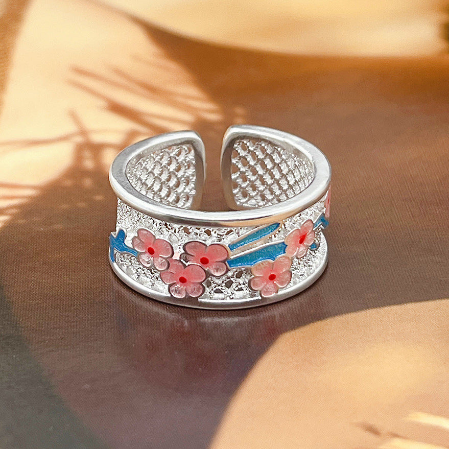 Enamel Hollow Plum Blossom Floral Ring
