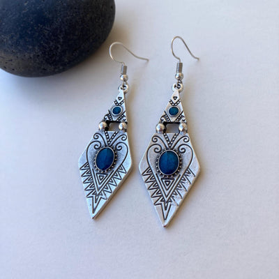 Vintage Boho Silver Dangle Earrings with Blue Enamel, Tribal Arrowhead Shape with Engraved Patterns