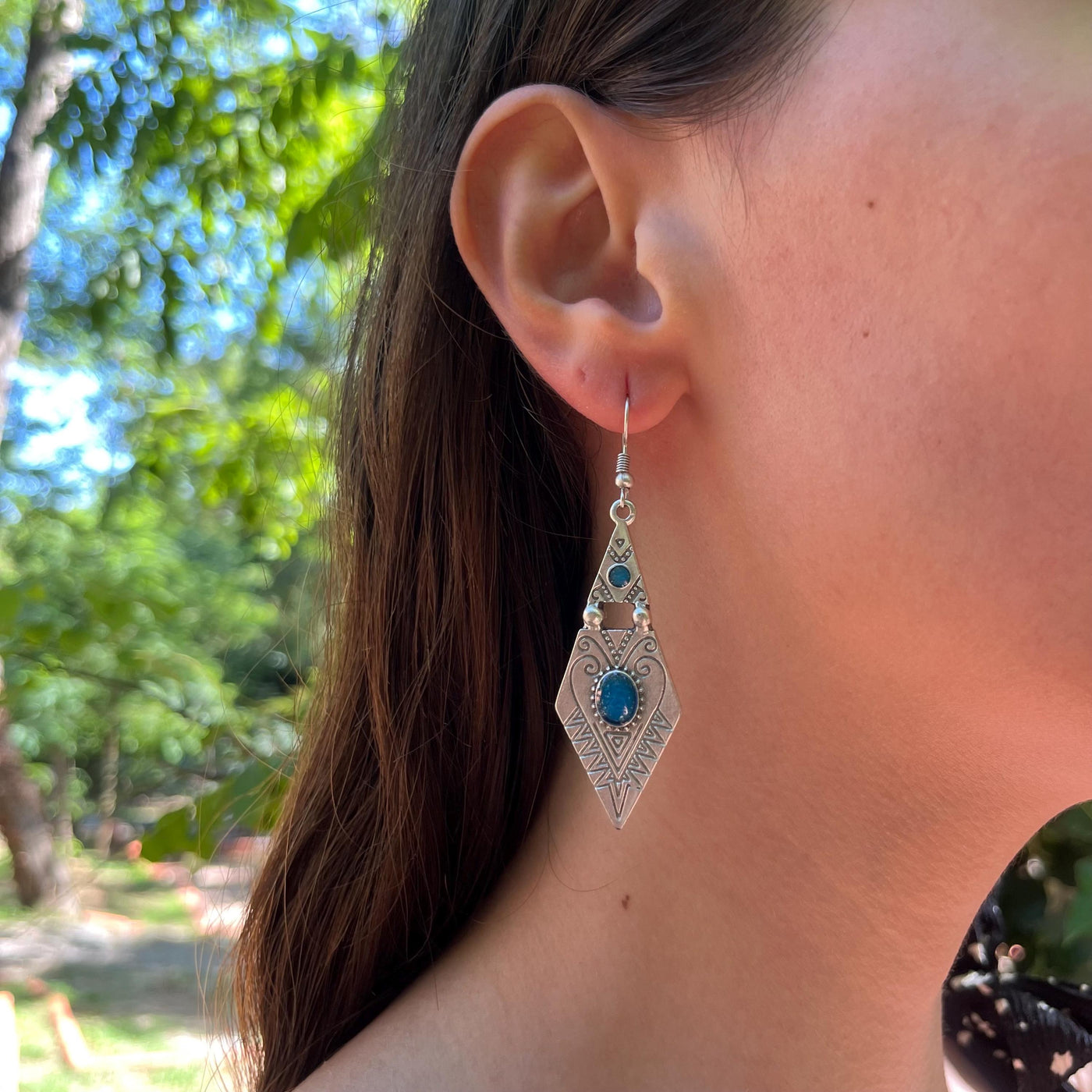 Vintage Boho Silver Dangle Earrings with Blue Enamel, Tribal Arrowhead Shape with Engraved Patterns