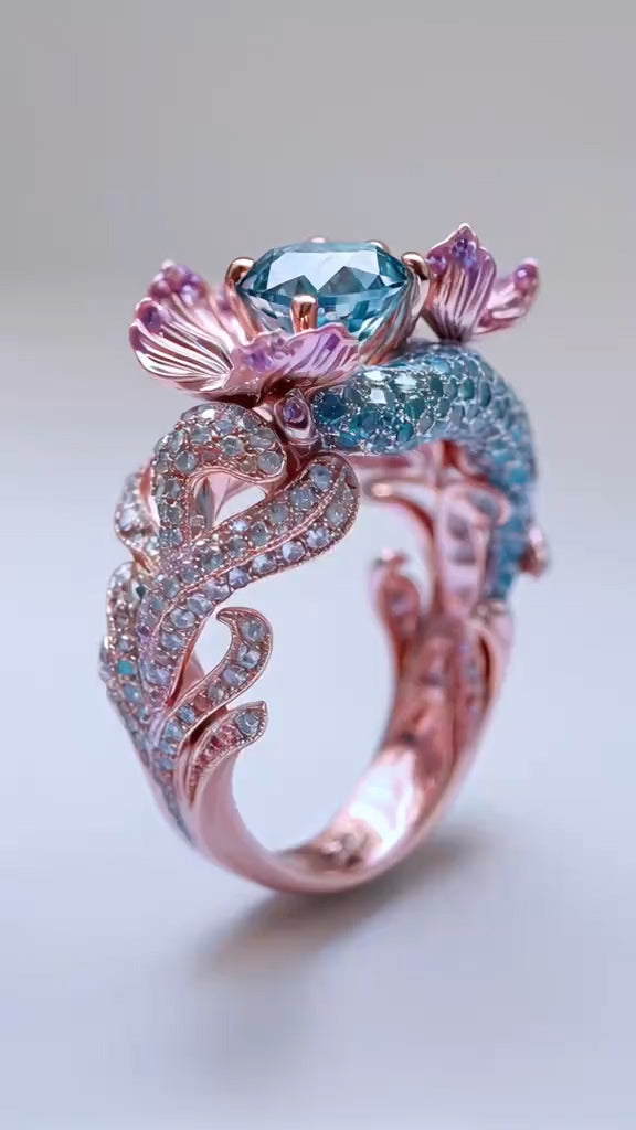 Exquisite Rose Gold Ring with Aquamarine and Pink Gemstone Embellishments