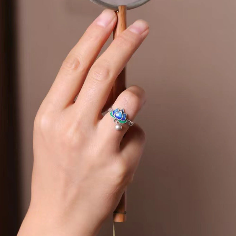 Retro Lotus Cloisonne Opening  Ring