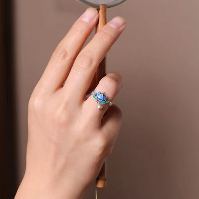 Retro Lotus Cloisonne Opening  Ring